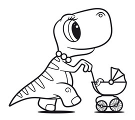 Vector black line mum dinosaur carries a baby carriage with a baby. Isolated on white background.