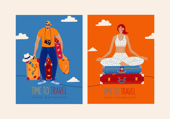 Trendy travel illustration.Excited happy man with luggages. Young woman sits on a stack of suitcases in a yoga lotus pose and meditates.Concept of discovery, exploration, hiking, adventure tourism.