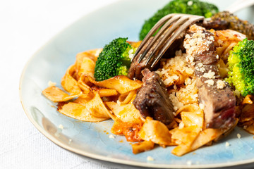 tagliatelli with steak slices on a plate