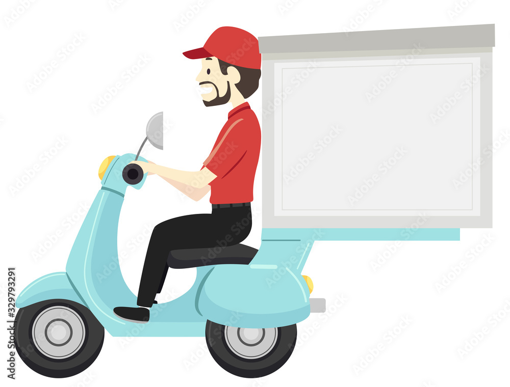 Sticker man delivery man scooter big box illustration