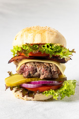 closeup of a single cheeseburger