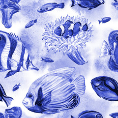 Seamless pattern of marine inhabitants of fish and corals in blue tones, watercolor illustration, print for fabric and other designs.