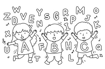 Kids Alphabet Dancing Coloring Illustration