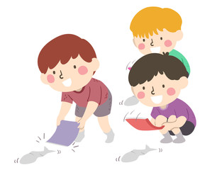 Kids Boy Group Paper Fish Race Illustration