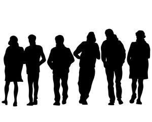 Big crowds people on street. Isolated silhouette on a white background