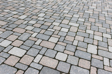 Texture of pathway pavement covered with rock bricks.