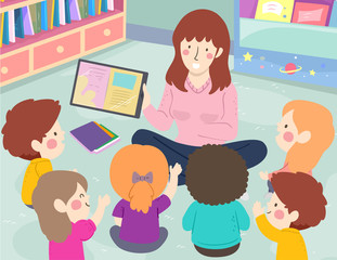 Kids Teacher Ebook Tablet Discuss Illustration
