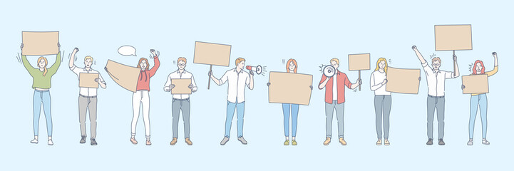 Banner, actitivist, meeting manifestation, protest set concept. Collection of young people men, women activists students teenagers holding banners, mouthpieces. Street demonstration. Simple vector