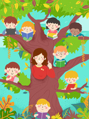 Kids Teacher Tree Class Books Illustration