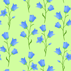 Vector seamless pattern with bell flowers (campanula flowers) twigs on green background; spring natural design for fabric, wallpaper, wrapping paper, packaging, web design.