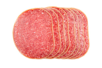 Salami slices isolated on white background.