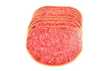 Salami slices isolated on white background.