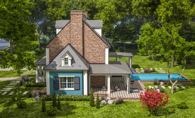 3d rendering of modern cozy classic house in colonial style with garage and pool for sale or rent with beautiful landscaping on background. Clear sunny summer day with blue sky.