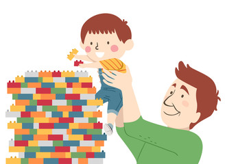 Kid Boy Dad Build Plastic Blocks Illustration