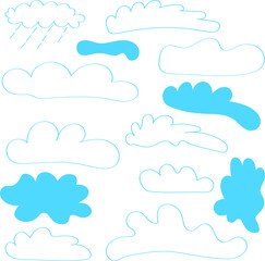 Doodle clouds with a blue outline, a template for children's coloring. One line drawing for landscape designers or magazines.