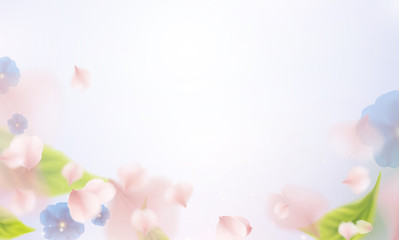 Summer time floral background. Vector poster with flying pink petals, blue flowers, green leaves and sky. Flowers template for your advertising design..