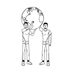 young men avatars lifting world planet characters