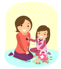 Kid Girl Mom Doctor Play Check Up Illustration