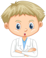Boy wearing lab gown on white background
