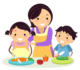 Mom Supervise Kids Safety Kitchen Illustration
