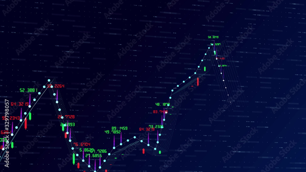 Poster financial graph and data showing a steady increase in profits, growing charts and flowing counters o