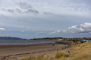 Looking down Monifeith Beach towards Broughty Ferry, with a couple walking along the sand below the Rock Sea Defences.