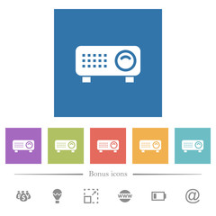 Video projector flat white icons in square backgrounds