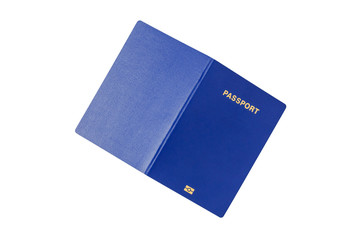 Blue blank biometric passport of a citizen on a white background without shadow, in expanded form, cover top