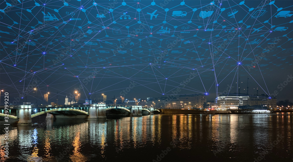 Poster smart city and iot (internet of things) concept. networking concept for connected devices. spider we