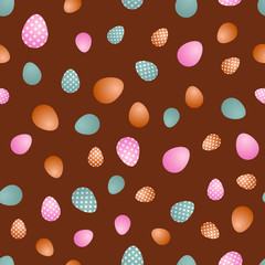Easter vector seamless pattern with colorful eggs on brown background. Festive, bright stock illustration for wrapping paper, scrapbooking, background, wallpaper, invitations and greeting cards.