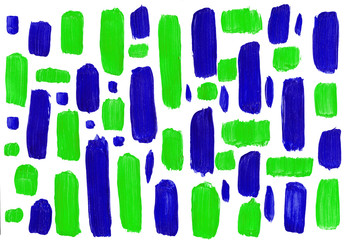 Abstract blue and green geometric shape texture isolated on white background. Acrylic hand painted illustration.