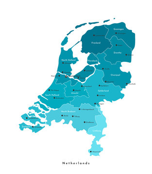 Vector isolated modern illustration. Simplified administrative map of Netherlands in blue colors. Names of the cities and provinces. White background