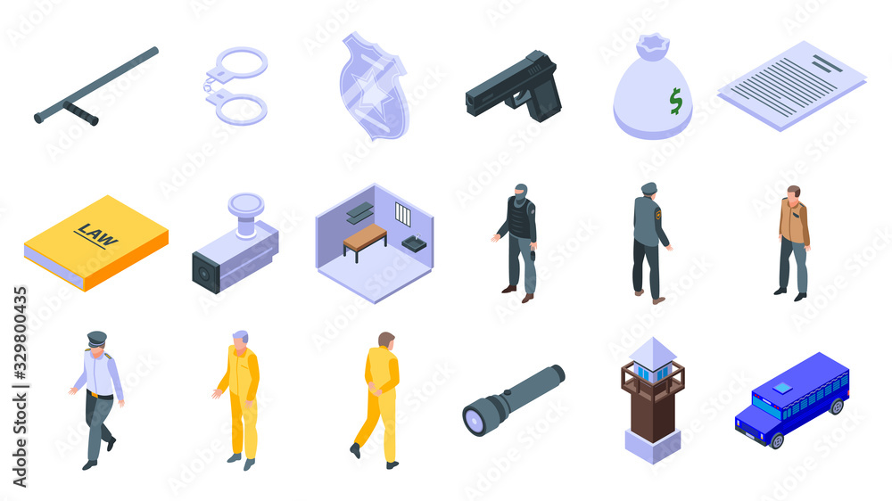Poster prison icons set. isometric set of prison vector icons for web design isolated on white background