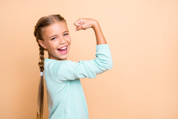 Profile photo of beautiful excited little lady ambitious person raise fist celebrating successful...