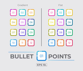 Colorful Gradient And Flat Rounded Box Rectangle Icon Bullet Points Set Collection With Number From One Twelve. Vector. EPS 10
