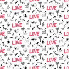 Valentines day card, or background. Seamless hand-drawn pattern with hearts, flowers and abstraction. Valentines day background.