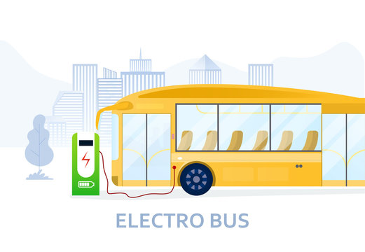 Charging yellow electric bus at the supercharging station for eco city transportation means. Electro Bus in eco-friendly modern urban environment