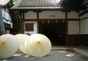 Umbrelas un front of traditional Japanese building