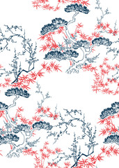 japanese chinese design sketch ink paint style seamless pattern bamboo blossom peach pine