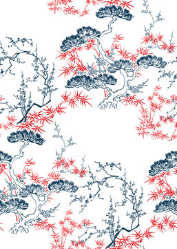 japanese chinese design sketch ink paint style seamless pattern bamboo blossom peach pine