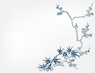 japanese chinese design sketch ink paint style card background bamboo blossom peach