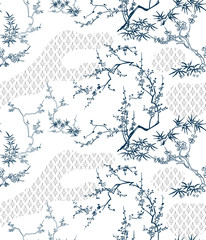 Obraz premium japanese chinese design sketch ink paint style seamless pattern bamboo blossom peach