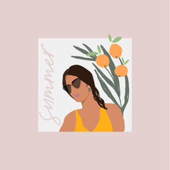 Modern girl face in sunglasses flat minimal illustration 
