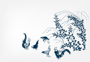 Naklejka premium japanese chinese design sketch ink paint style card background peasant landsape birds chicken lespedeza