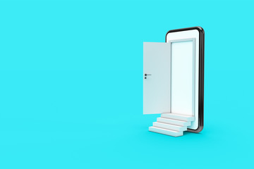 3D Rendering Open Door from Smart Phone Screen with Stairs on Colored Background