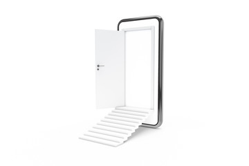 3D Rendering Open Door from Smart Phone Screen with Stairs