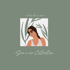 Modern girl face in sunglasses flat minimal illustration 