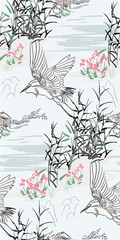japanese chinese vector design ink flower engraved colorful seamless pattern heron bird bulrush hut pond traditional nature