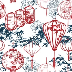 Behang japans vector schets ontwerp achtergrond hand getrokken inkt naadloze patroon lichten papier chinees © CharlieNati