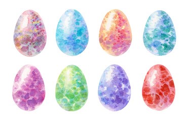 Happy Easter. Colorful eggs. A set of beautiful Easter eggs. Collection of watercolor elements on a white background.